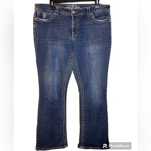 Paisley Sky Dark Wash Distressed Western bootcut Jeans Women’s size 16